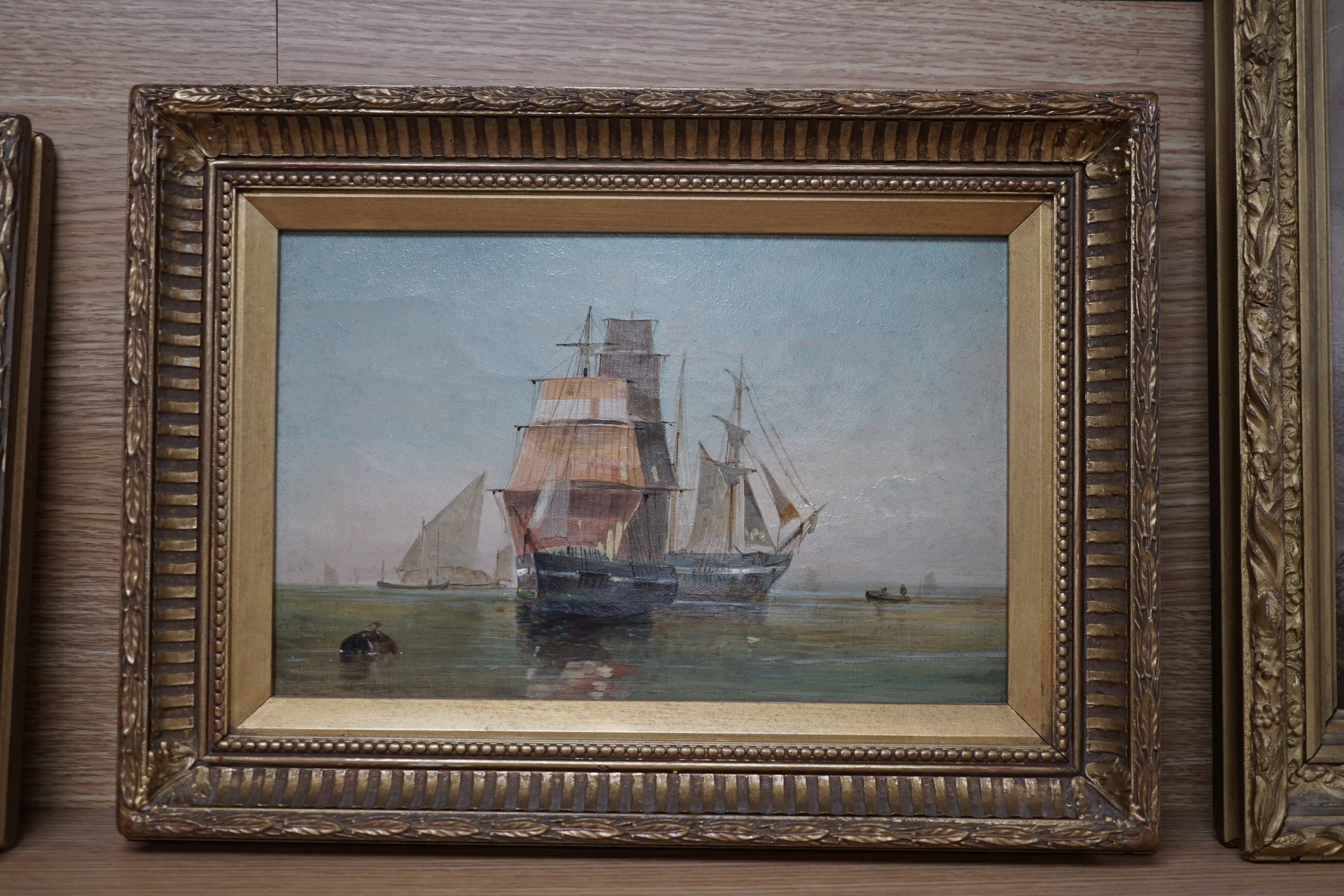 19th Century English School, oil on canvas, Shipping on a calm sea, 18 x 29cm